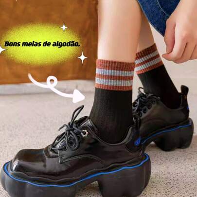 03 pares de meias femininas de algodão puro de cano médio outono e inverno fofas