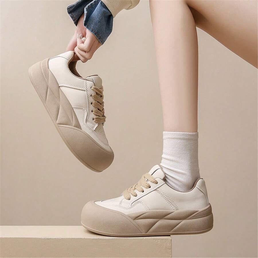 2024年新款女款白色運動休閒鞋,低調多功能厚底休閒運動鞋 - 卡其色 - 查看 1