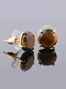 1 Pair  Natural Stone Stud Earrings Round Pink Crystal Quartz Gem Beads Gold-Color Simple Earring For Women Girl Charm Jewelry F693 - Stud Earrings - View 3