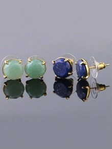 1 Pair  Natural Stone Stud Earrings Round Pink Crystal Quartz Gem Beads Gold-Color Simple Earring For Women Girl Charm Jewelry F693 - Stud Earrings - View 4