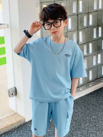 zosee 少年夏季戶外字母印花短袖上衣和短褲運動休閒套裝，2024年新品