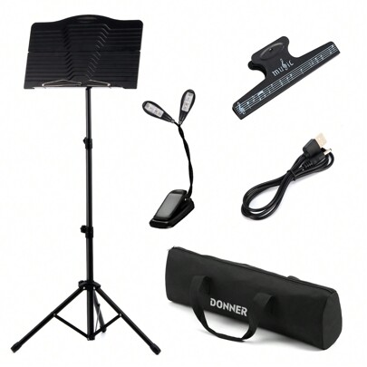 Donner Sheet Music Stand With Light Adjustable Portable Durable Stable Travel Home Performance Use Metal Music Stand Tabletop Music Book Stand For Gui