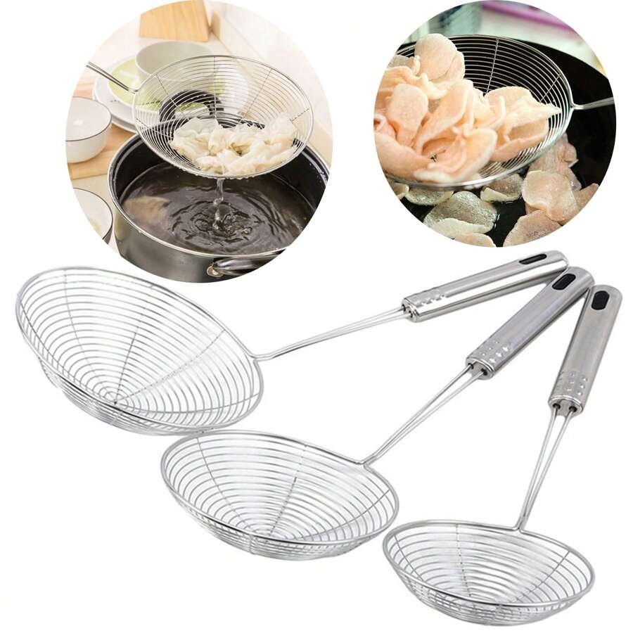 1pc Frying Filter Long Handle Stainless Steel Filter Colander French Fries Colander Kitchen Fried Net Sieve Spoon Foods Sifter - Silver - View 1