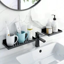 1pc No-Drill Adhesive Bathroom Wall Mounted Storage Shelf With Drainage - White - View 3