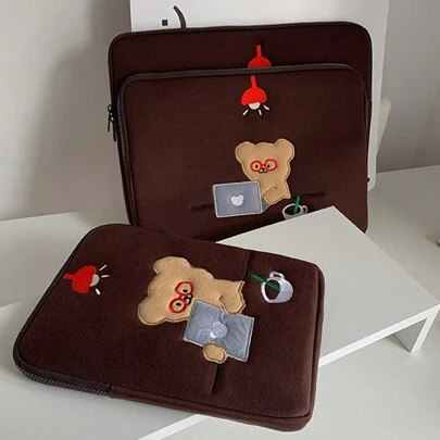 1入pc Ins可愛棕色學習熊電腦包ipad平板電腦收納袋,防震耐磨筆記本保護套