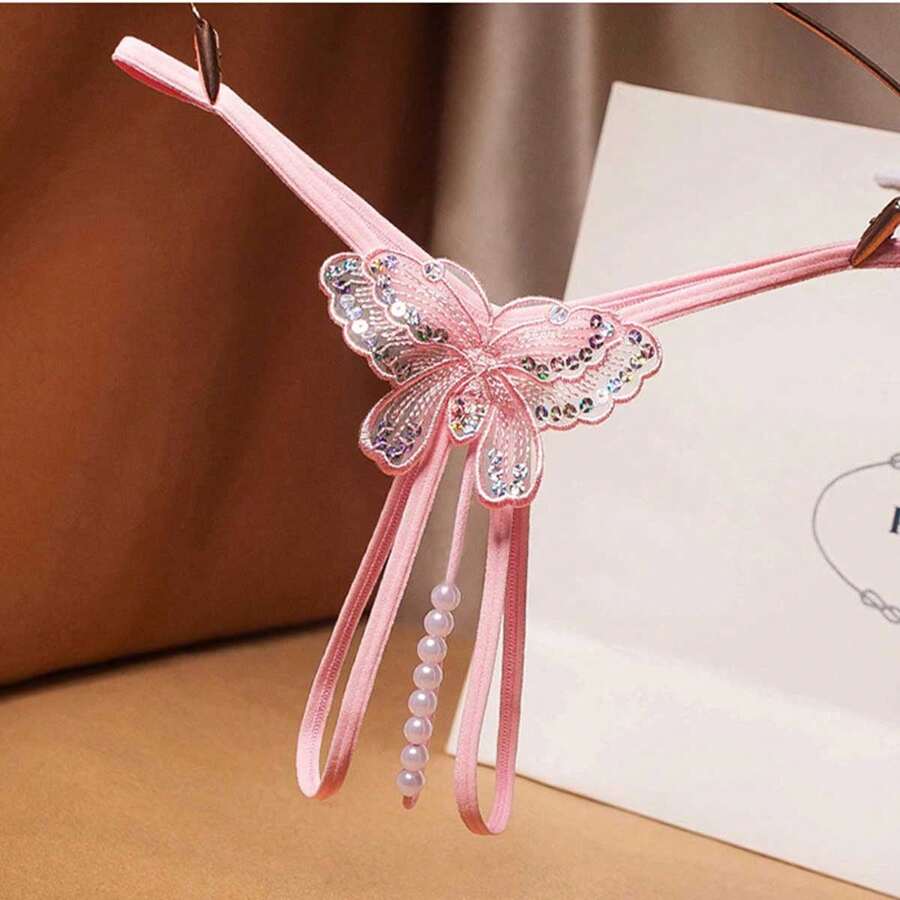 1件女士性感閃亮刺繡珍珠開襠透明網眼g弦褲,低腰設計 - 粉色 - 查看 1