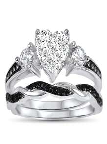 His And Hers Couple Rings Silver & Black Wedding Engagement Promise Rings Set - Silver - View 2