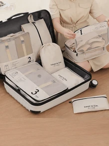 7入組便攜式旅行收納袋-輕鬆組織您的衣服、鞋子和內衣-完美的行李和手提箱裝填8入組標語圖形旅行收納袋，內附鞋類、化妝品和洗衣袋，學校用品、房間裝飾、臥室裝飾、宿舍必需品，適用於學生教師裝箱，衣服收納，收納櫃，旅行袋套裝，旅行組織套裝，旅行必備品