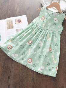 年輕女孩卡通獅象印花無袖連衣裙，夏季款 - 綠色 - 查看 1