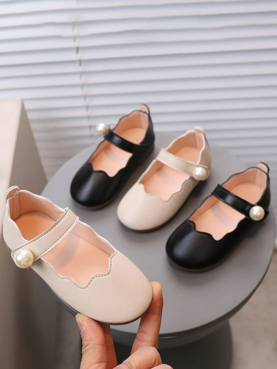 1 Pair Girls Large Pearl Soft Bottom Anti-Slip Flats Square Toe Round Toe Fashion Versatile Princess Shoes, Suitable For Spring & Summer - Black - View 1