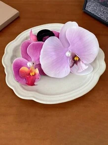 1 件别致植绒兰花仿珍珠花朵设计爪形发夹，适合秋冬季波西米亚风情人节情人发夹发夹发夹发夹发夹，爪形发夹秋季发饰，适合女士度假装扮 - 彩色 - 查看 4