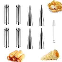 16pcs Non-Stick Stainless Steel Croissant Mold Set, Including Cone-Shaped Tubes, Croissant Roll Cutters, And Cleaning Brush - Silver - View 4