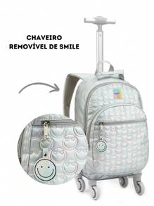 Kit Mochila de Rodinha, Lancheira e Estojo Smile Metalizado - Prata - Visão 5