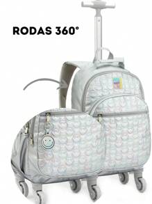 Kit Mochila de Rodinha, Lancheira e Estojo Smile Metalizado - Prata - Visão 6