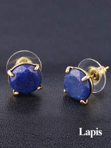 1 Pair  Natural Stone Stud Earrings Round Pink Crystal Quartz Gem Beads Gold-Color Simple Earring For Women Girl Charm Jewelry F693 - Stud Earrings - View 13