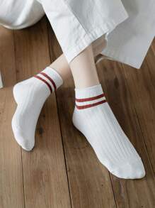 8 Pairs Women's Mid-Calf Simple Double Stripe Sport Socks, Korean Style, Odor-Resistant, Comfortable, Breathable, Non-Slip, Suitable For Walking, Summer