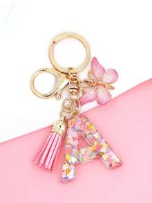 1入時尚字母首字母鑰匙扣流蘇蝴蝶彩色膠心吊墜鑰匙扣手袋女孩,鑰匙手袋後包飾品,字母首字母鑰匙扣流蘇可愛毛絨鑰鏈袋子背包掛件女孩禮物 - 粉色 - 查看 8