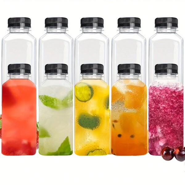 1/5pcs Leak-Proof Clear Plastic Juice Bottles, Bulk Containers, With Black Tamper Evident Lids For Juice, Milk And Other Beverages, Water Bottle, For Outdoor, Camping
