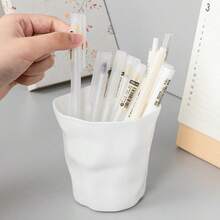 White Creative Artistic Pencil Holder Pen Pot With Personalized, Simple Design For Stationery, Cosmetic Brush Storage - White - View 3