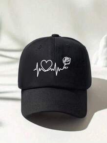 1pc Women's Black Line & Floral Printed Baseball Cap Outdoor Sun Hat Casual Valentine's Day Valentines - Black - View 4