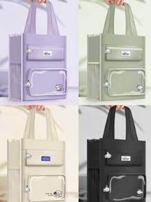 1 Bolsa De Estudio De Gran Capacidad De Lona Para Estudiantes, Beige/negro/morado/verde, Adecuada Para La Escuela Secundaria, La Escuela Media Y Adolescentes, Con Asas Y Correa Para El Hombro