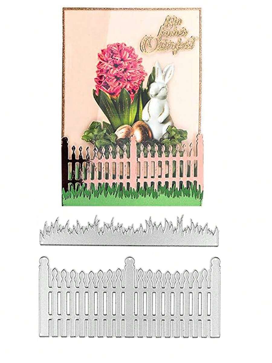 2 Piezas/set Molde De Cuchillo Con Relieve De Diseño De Pasto De Jardín Y Cerca Para Manualidades Diy - Plateado - Ver 1