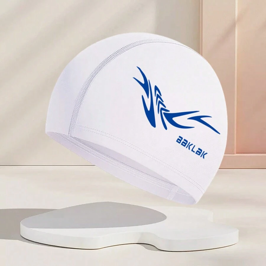 1pc Adult Unisex Cloth Swim Cap, Swimming Accessory, Black, Simple Printed Design, Breathable And Comfortable, Large Size For Long Hair Wrap - White - View 1