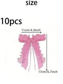 10pcs Pink Mesh Ribbon Heart & Bow Trail For Wedding/Party/Banquet/Car Mirror Decor/Flower Wrapping/Gift Decoration - Pink - View 3