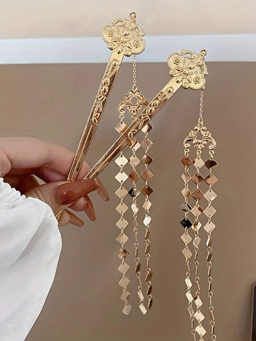 2入組配有刺繡圖案流蘇髮夾的中式髮棒，優雅風格皇家髮飾 - 金色 - 查看 1