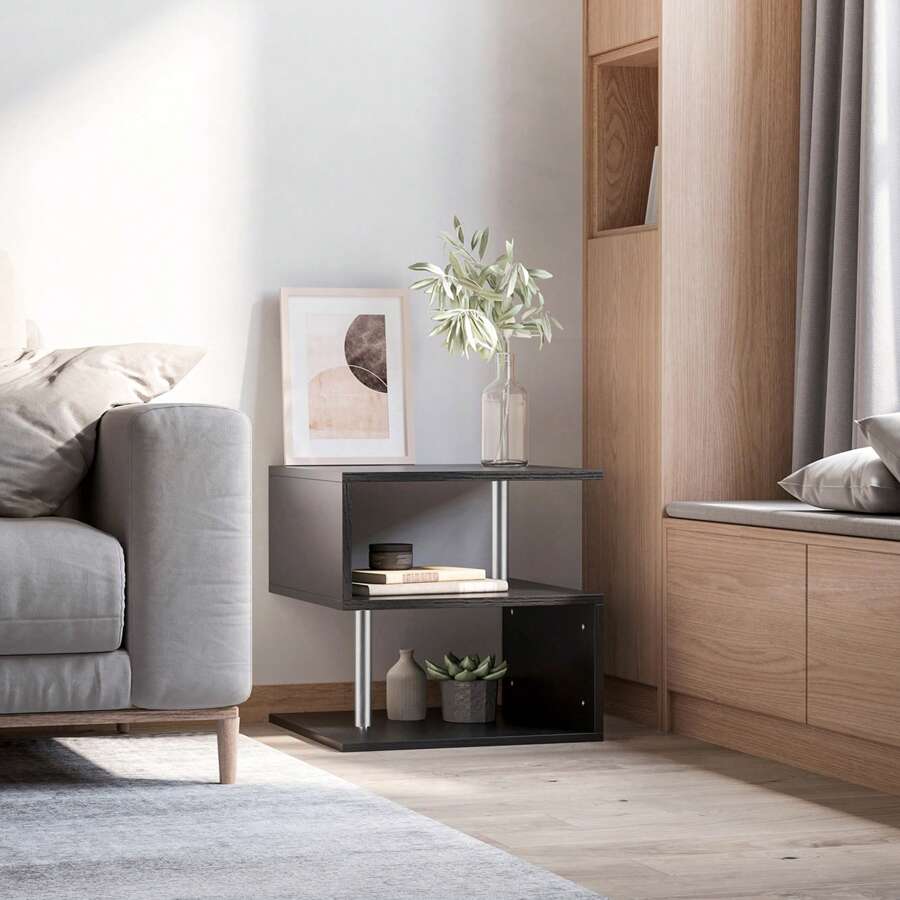 HOMCOM 20" Modern End Table, Accent Side Table, S-Shaped Coffee Table With Storage Shelf And Steel Poles, White - màu đen - Xem 1