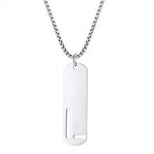 1pc Rectangle Tag English Letter Pendant Silver Tone 60cm Long Chain Necklace, Unisex - Silver - View 18