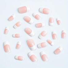 24 piezas de uñas postizas cuadradas con punta francesa mediana blancas, uñas acrílicas brillantes en tono de piel rosa y cubierta completa para mujeres y niñas, decoraciones de manicura, incluye una hoja de gelatina y una lima de uñas. uñas falsas uña falsa uña acrílica - Blanco - Ver 2