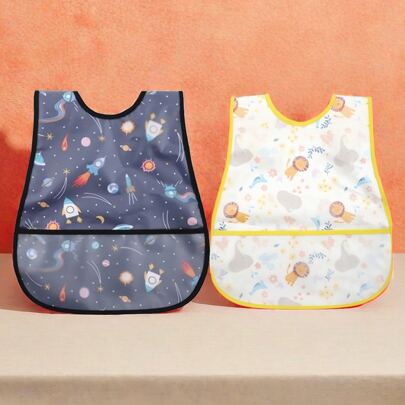 2pcs/Set Baby Waterproof Bibs - Double-Layer Waterproof Design, Suitable For Feeding, Washing, Playing, Painting, Etc. Flip Pocket Design With Stronger Capacity, Snap Closure Adjustable In 2 Sizes, Waterproof, Machine Washable, Soft, Stain & Odor Resistant, Best Gift For Holidays, Ideal Choice For New Parents