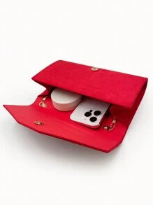 SIIZA紅色綢絨晚宴手拿包，女士禮服派對手拿包附鏈條帶 - 紅色 - 查看 8