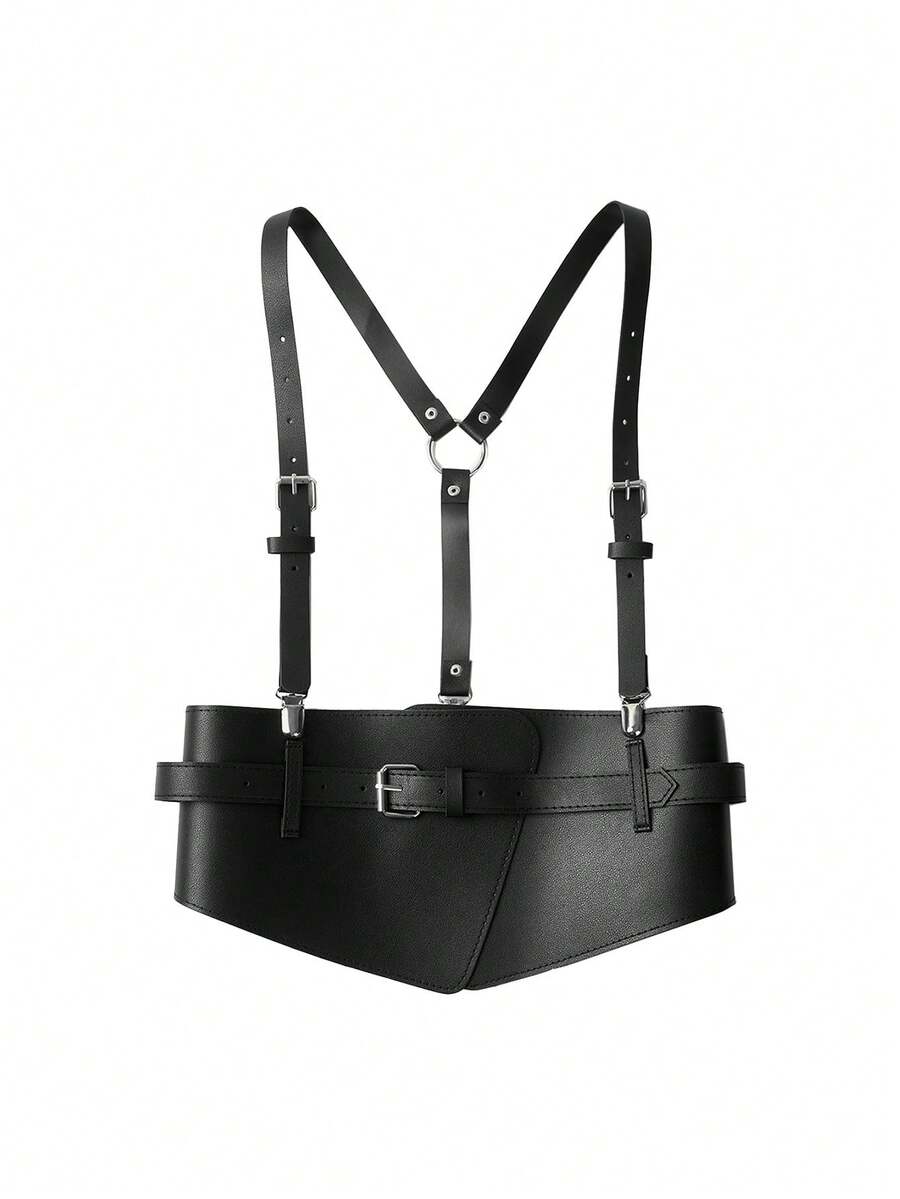 1 件女式复古仿皮背心，配有可拆卸腰带和肩带，紧身胸衣，适合休闲造型 - 黑色 - 查看 1