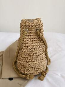 1个经典波西米亚风纯色纸编织水桶背包，配有抽绳可调节肩带，女士沙滩包，适合户外旅行、日常休闲购物和时尚穿搭。 - 卡其色 - 查看 7