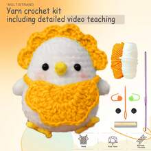 Diy 初學者鉤織製作套件,可做成戴橙色圍兜的小雞,松縫玩具-禮品動物編織入門套件,一組完整的編織套件,包含教學步驟指引和視頻教程,適合成人學習鉤織手工藝品,裝飾家居桌面,作為假日,聖誕節,復活節和母親節生日禮物