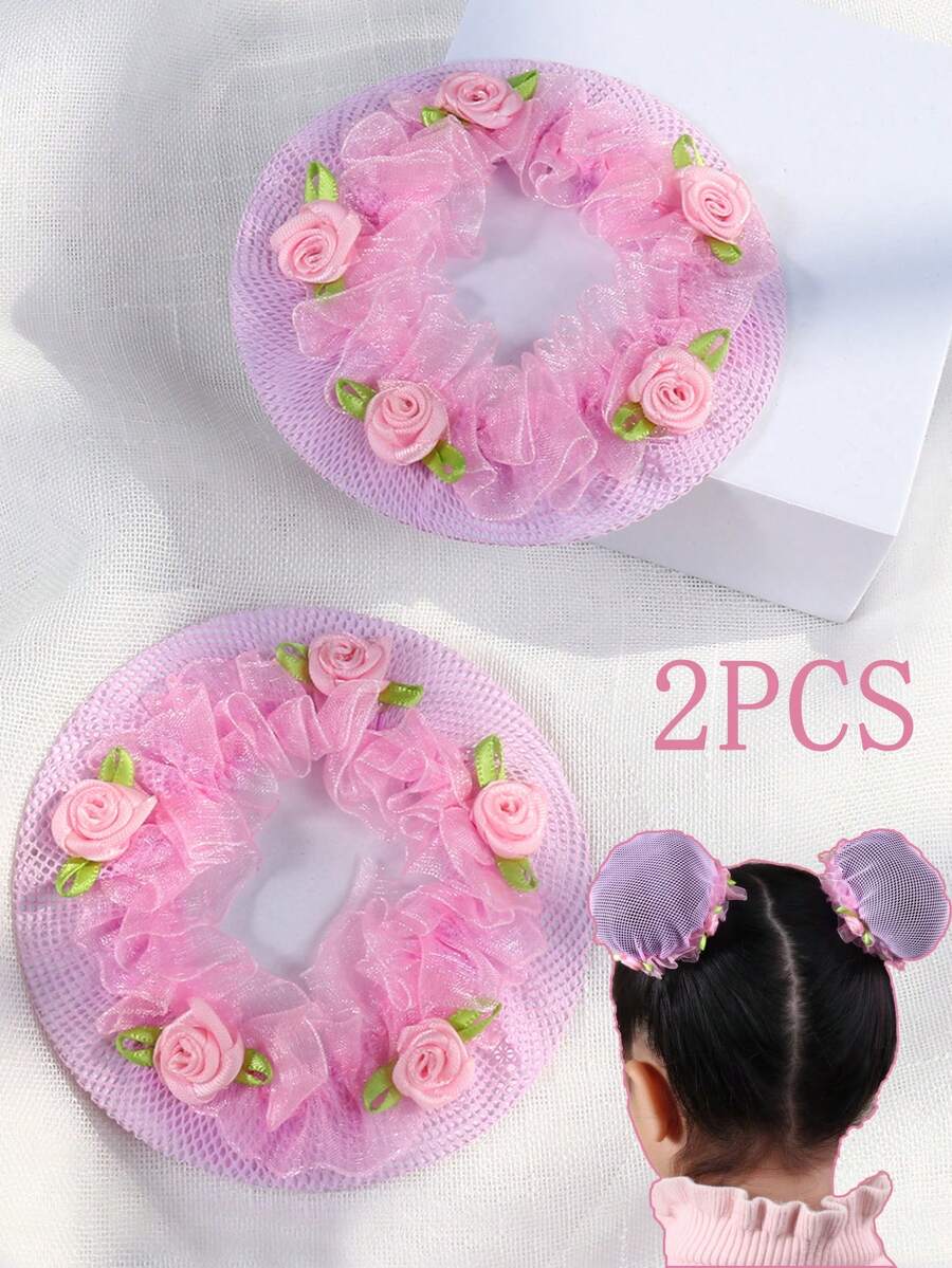 2 Piezas Lindo Moño Rosa Con Cubierta De Flores Para Chicas, Adecuado Para Actuaciones De Baile O Vida Diaria - Rosa - Ver 1