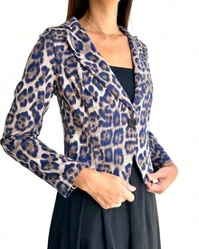 BLAZER CURTO DE MALHA ESTAMPA ONÇA AZUL