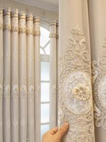 1pc Luxury Dual Layer Embroidered Curtains With Sheer Fabric, Ready Made, For Living Room And Bedroom, Blackout