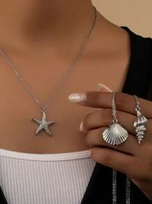 1 Set de collares minimalistas de moda con colgantes de estrella de mar, concha y caracol, adecuado para uso diario, salidas, viajes a la playa, vacaciones, regalo para la novia