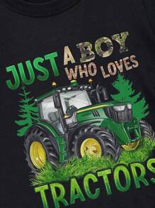 T-shirt Girocollo Stampata A Maniche Corte Da Ragazzo Con Immagine Di Trattore Per Un Look Casual - nero - Visualizzare 4