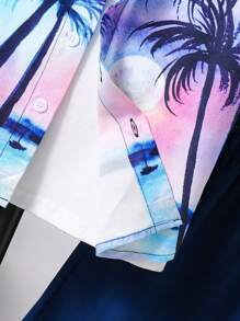 Tween Boy Casual Vacation Sunset Scenery Printed Short Sleeve Polo Shirt And Solid Color Shorts Set, Spring/Summer