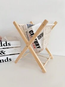 1pc Handmade Thick Rope Woven Magazine Rack, Wooden Floor-Standing Storage Rack For Books And Comics, Foldable Design