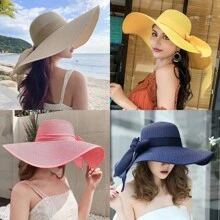 波西米亚风女式海滩草帽，超宽帽檐，防晒，度假风格，户外时尚蝴蝶结情人节