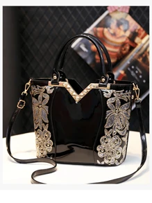 Fashionable Luxury Flower Embroidery Solid Color Zippered Patent Leather Ladies' Handbag, Large Capacity Business Style Female PU Leather Tote Hand Bag For Women, Suitable For Girls, Women, College Students, Office Workers, And White Collars, Ideal For Party Work, Business, Commuting, And School - Black - View 8