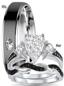 His And Hers Couple Rings Set In Silver-Black Color, Including Wedding Rings, Promise Rings And Engagement Rings - Black - View 2