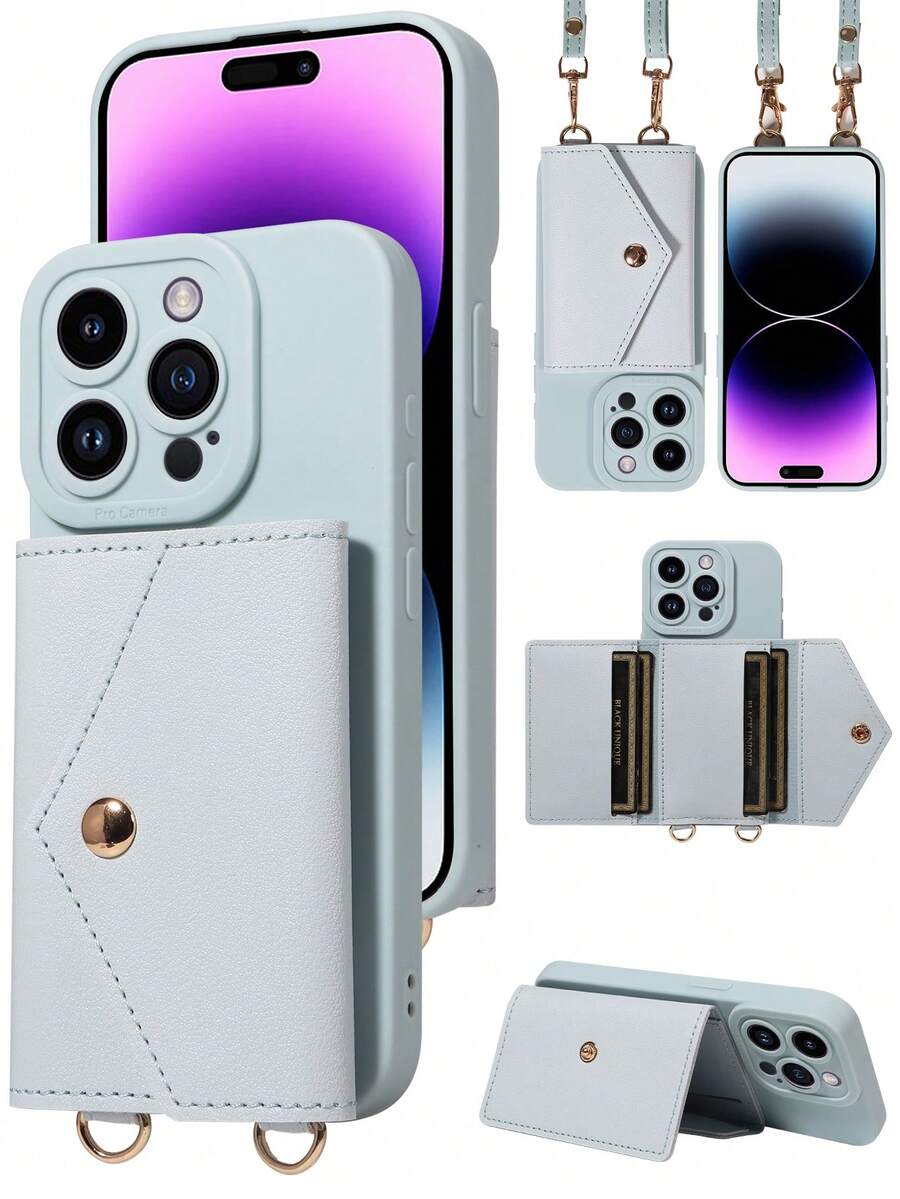 1 Ốp lưng điện thoại da PU có dây đeo vai đa năng có khe cắm thẻ tương thích với iPhone 17 Pro Max, 17 Pro, 17 Air, Redmi - Màu xanh lam - Xem 1