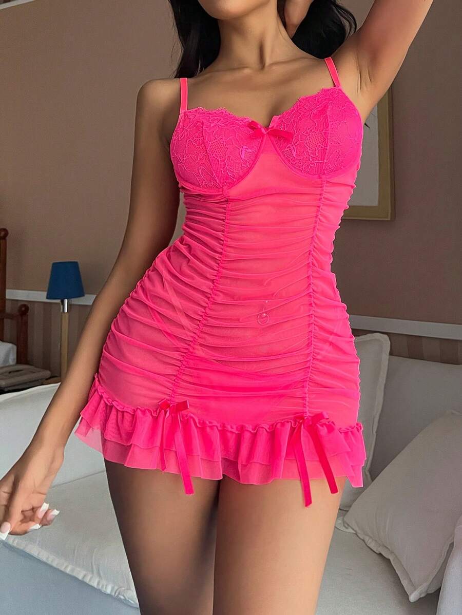 Camisón De Noche Sexy Para Mujer, Camisón De Tirantes Y Tanga Con Fruncidos Transparentes - Rosa Fucsia - Ver 1