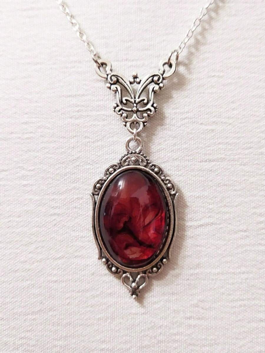 1pc Gothic Vintage Red Quartz Crystal Necklace Butterfly Necklace Vampire Relief Witch Jewelry Accessories Vintage Choke Necklace